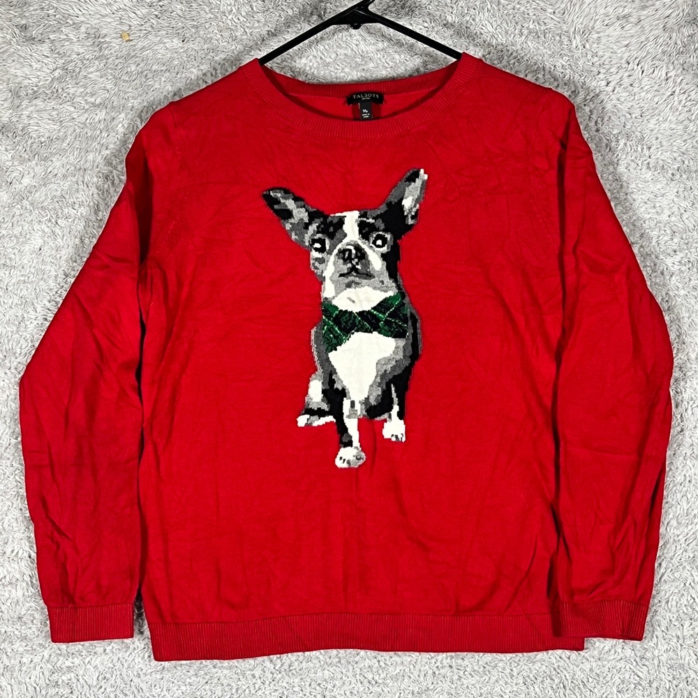 Talbots Sweater Womens MP Red French Bulldog Intarsia Plaid Bow Tie Cashmere